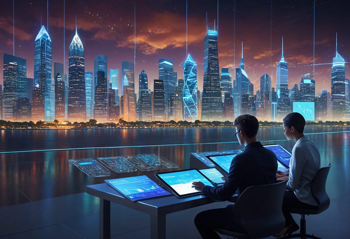 A futuristic digital landscape showcasing various online insurance platforms on glowing screens. Include a diverse group of people engaged in discussions, examining quotes on tablets and laptops, with a city skyline in the background. Incorporate elements of technology like holograms and charts to symbolize innovation. The color scheme should be bright and inviting, illustrating hope and progress. super-realistic. vibrant colors. 3D.