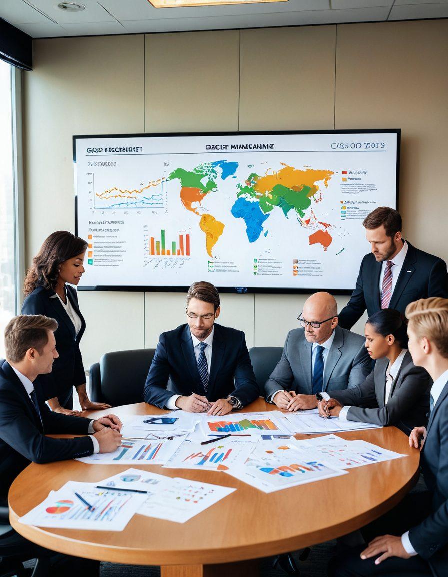 A serene and professional scene illustrating a diverse group of individuals gathered around a table with charts and insurance policy documents, emphasizing collaboration and strategic decision-making in risk management. Visual elements like a calculator, a globe, and a graph showing positive trends add depth. The environment should exude a sense of trust and security. super-realistic. vibrant colors. soft lighting.