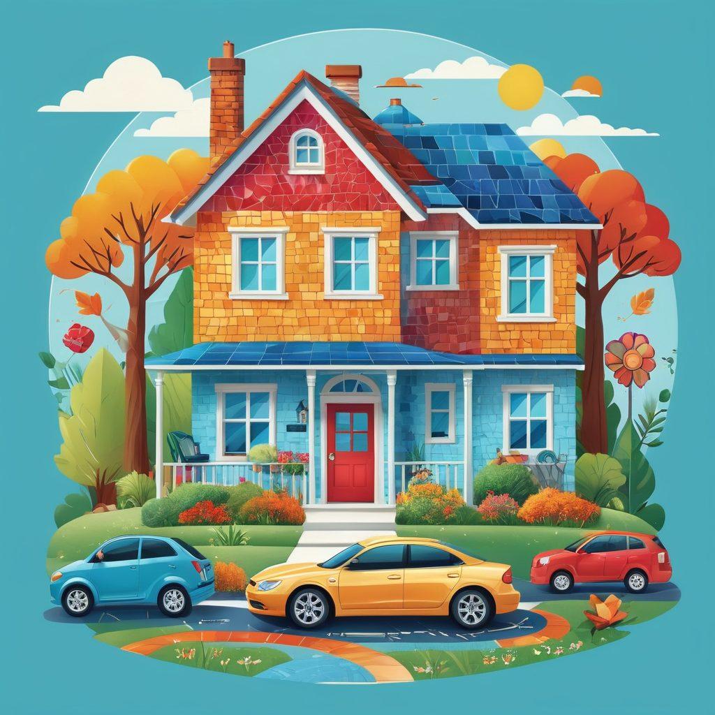 A mosaic-style illustration featuring diverse life aspects represented by icons: a house, a car, a family, a health symbol, and travel gear, interconnected by a winding path. The background should depict a balanced life with vibrant colors, symbolizing security and variety in coverage options. Include subtle elements like shields and documents floating in the air to signify insurance. bright and colorful. vector art.
